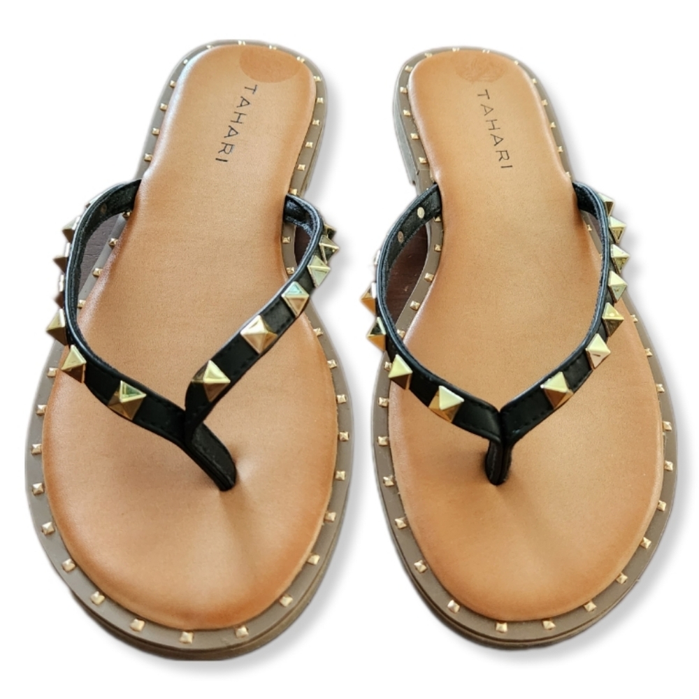 Tahari Slide on Flip Flop Style Sandals Tan Black and Gold Studs Size 6  NEW